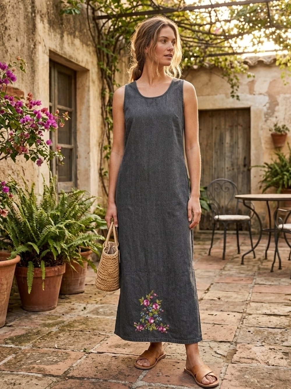 Studio West Washed Black Denim Sleeveless Embroidered-Hem Maxi Dress